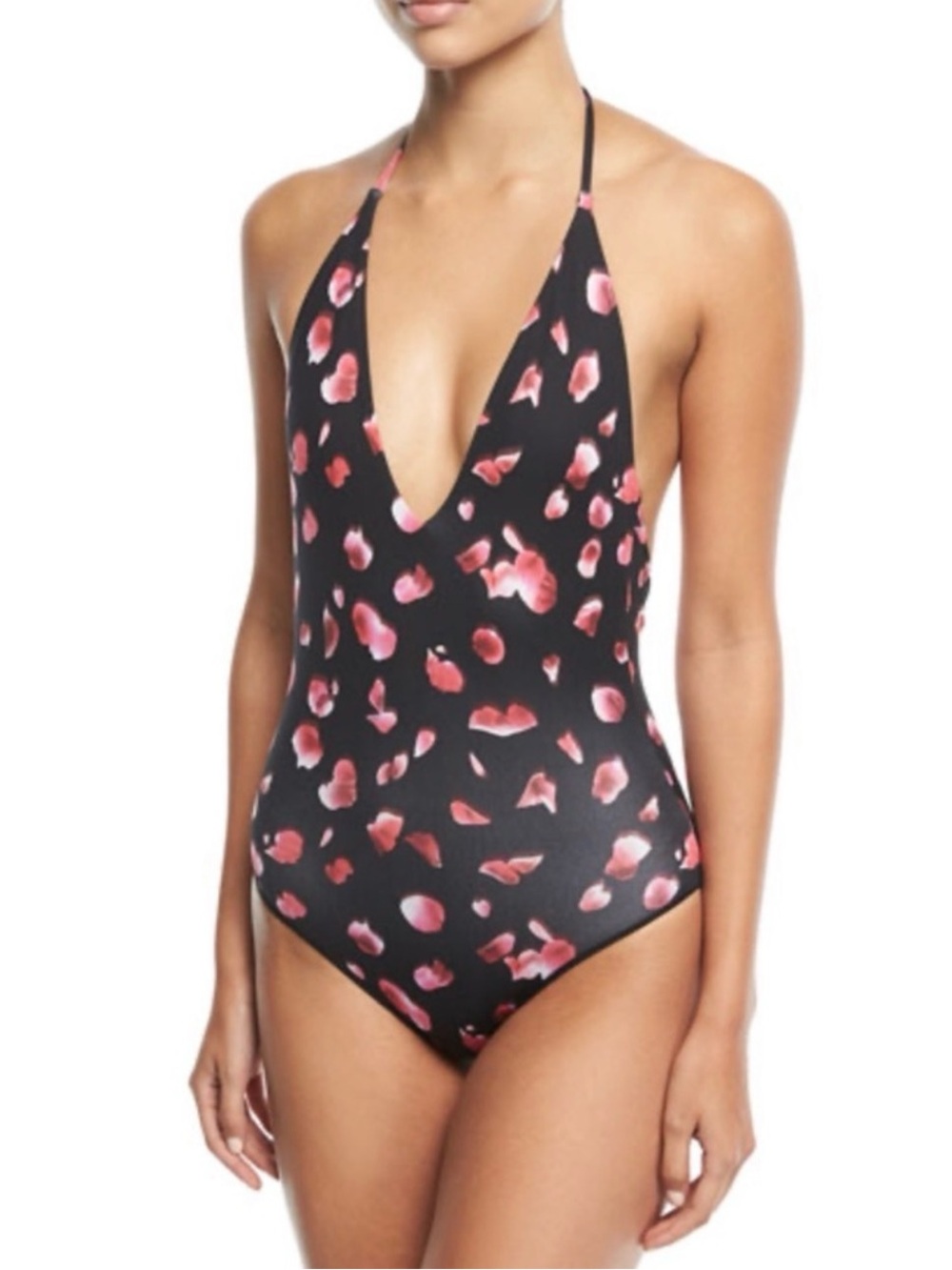NWT ONIA Deep V One-Piece Swimsuit in Black with Rose Petal Print